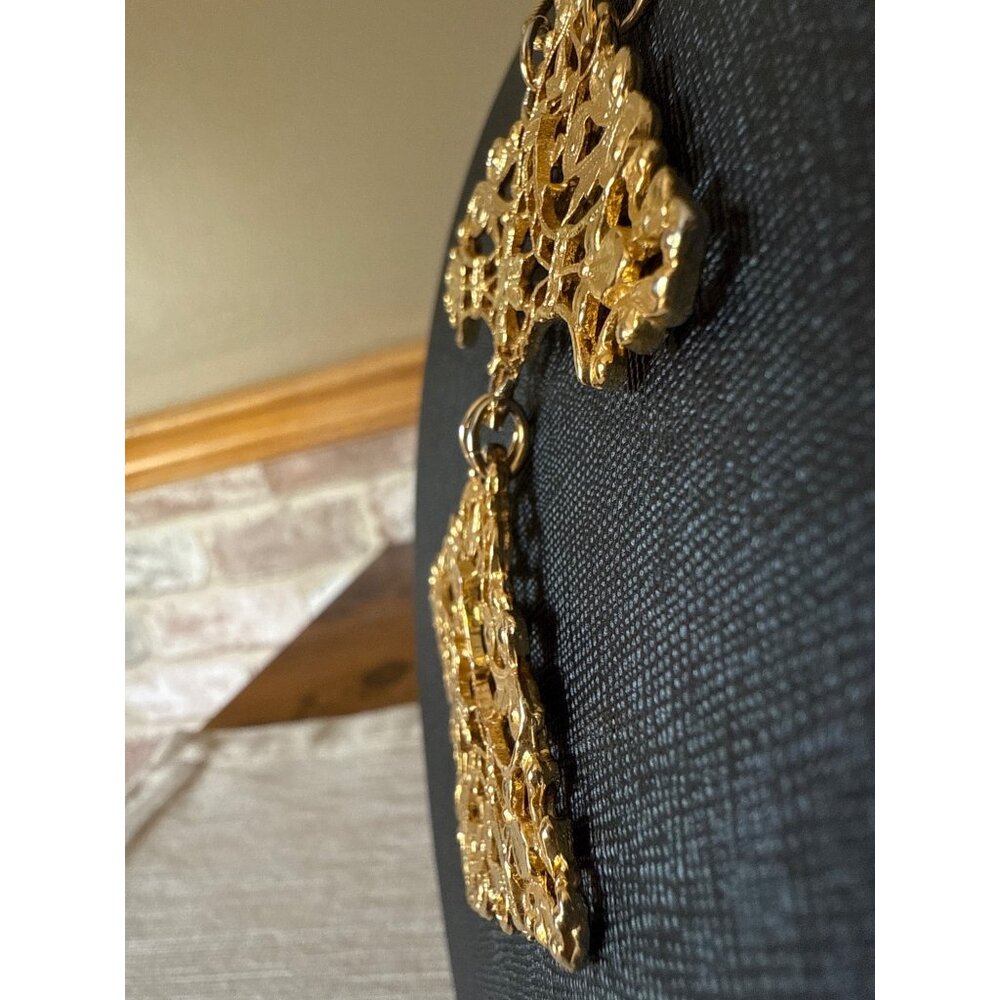 Vintage Gold-Tone Filigree Pendant Necklace With Double Cross Unique - Picture 6 of 15